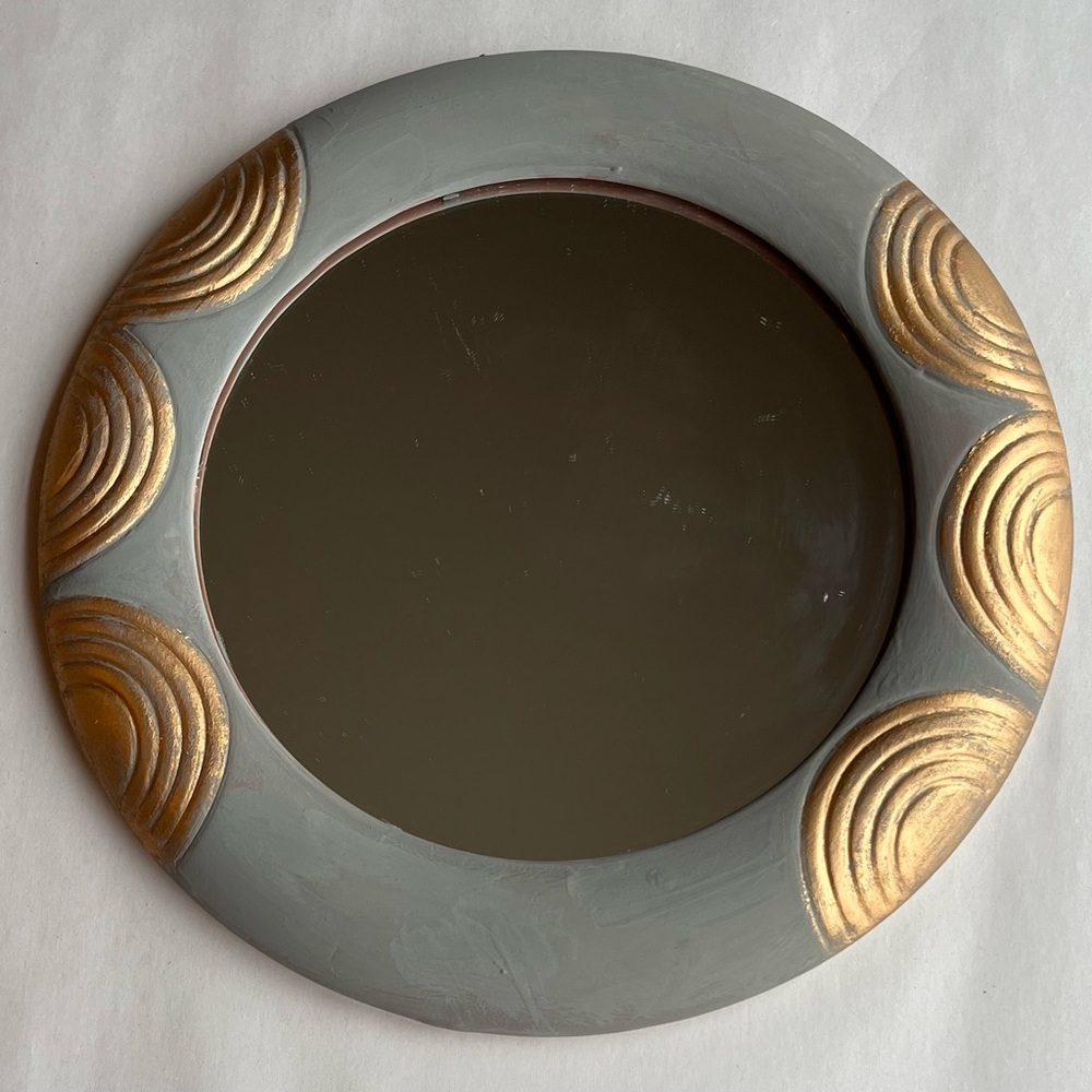 Grey w/Gold Accents Bisque Wall Hanging 9" Round Mirror
